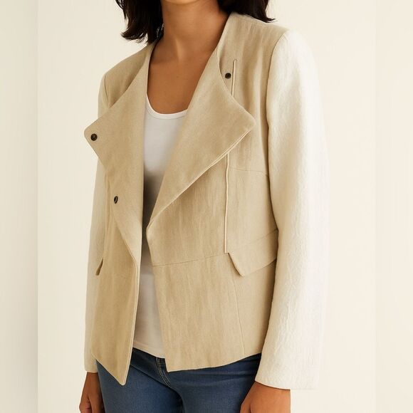 ZARA White & Beige Linen Motorcycle Jacket - Picture 1 of 8